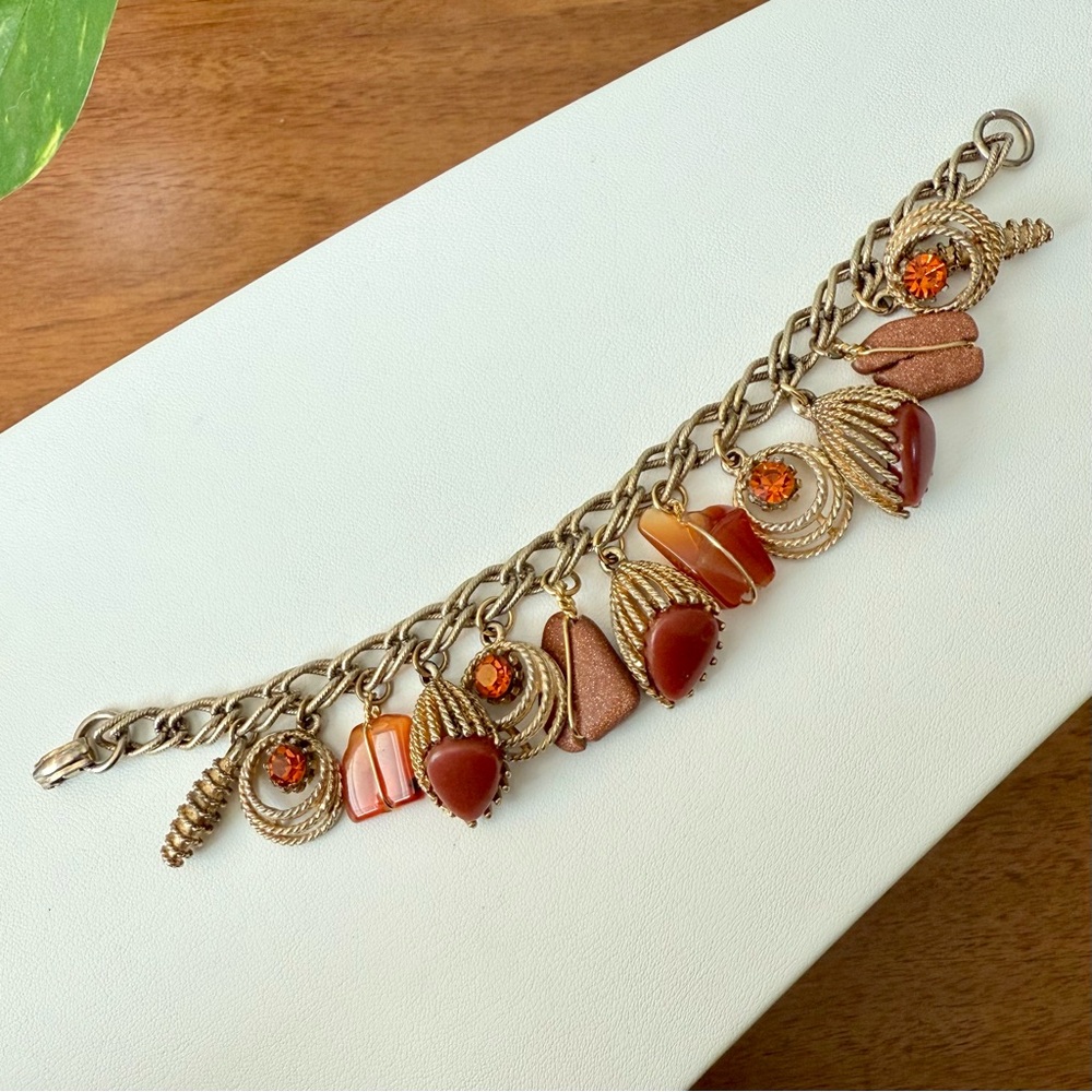 Vintage MCM Dangling Charm Bracelet Chunky Orange Rhinestones Goldstone 60’s - Picture 5 of 10
